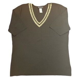 Jones New York Olive Green Size 1X Bohemian Beaded V Neck Short Sleeve Top